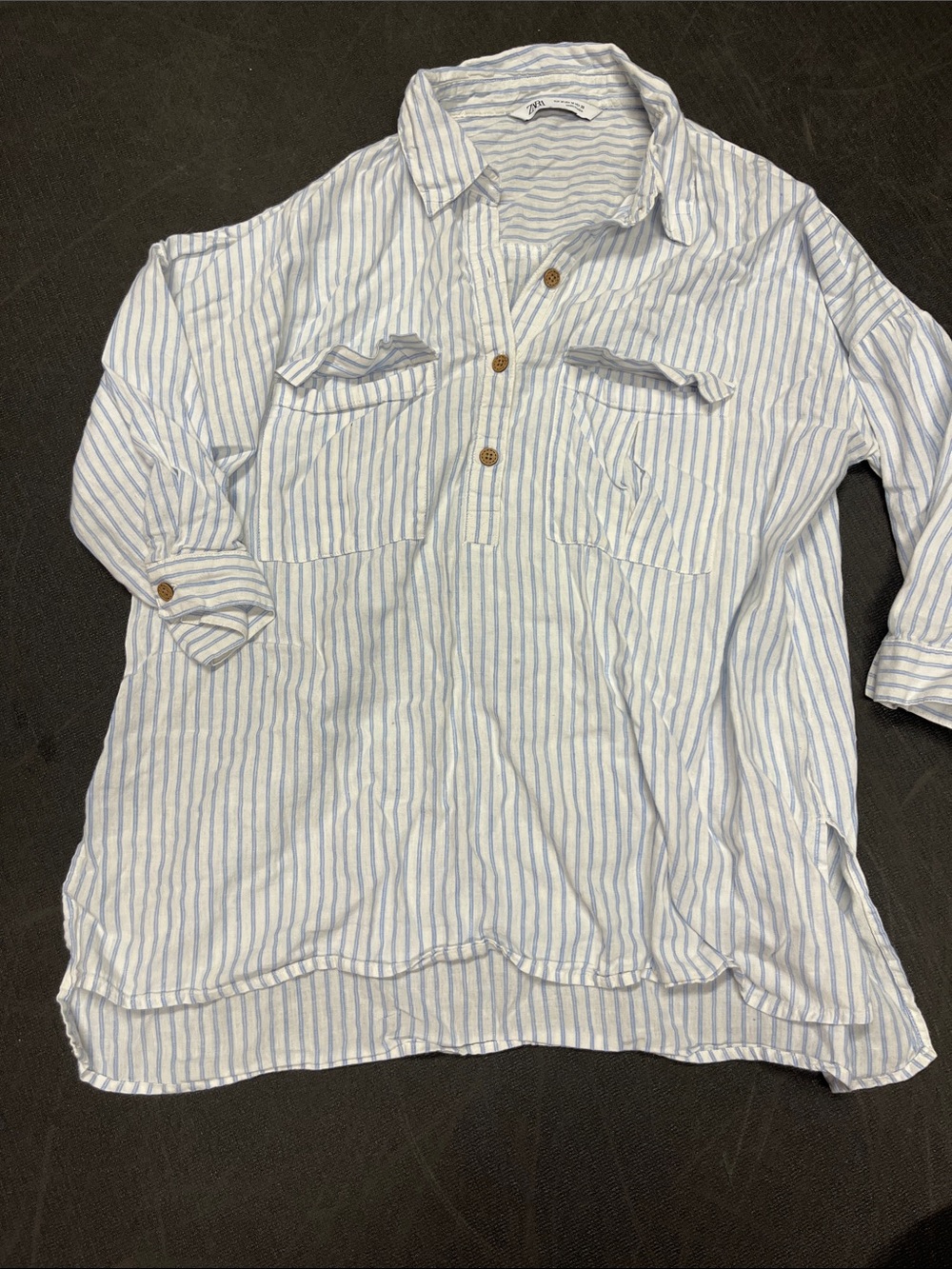 Zara Blue and White Striped Cotton Buttondown Shirt
